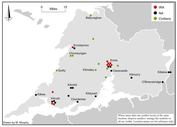 NEW- Map showing the location and affiliation of the 37 combatant and civilian fatalities in County Clare between 28 June 1922 and 24 May 1923(1)