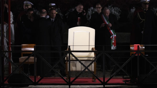 The 87-year-old's armchair had been set out on the hill facing the Colosseum in Rome but was withdrawn as the announcement came just moments before the Good Friday ceremony