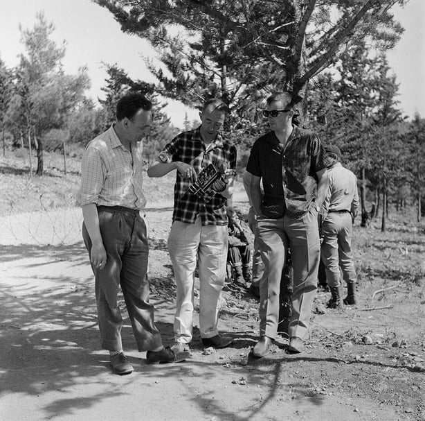 Operation Cyprus - RTÉ reporter Kevin O'Kelly ((left) with cameraman Jack Merriman (centre) and sound recordist Pat Hayes in Kyrenia, Cyprus, in 1964.