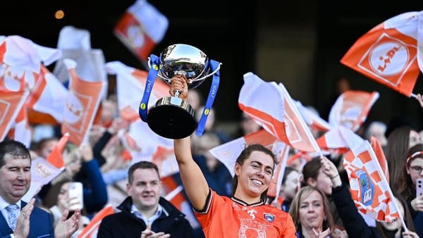 Armagh captain Clodagh McCambridge lifting the trophy yesterday