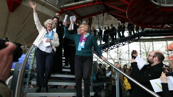 Members of Swiss association Verein KlimaSeniorinnen Schweiz (Senior Women for Climate Protection) after their win at the European Court of Human Rights this week in Strasbourg. Photo: Frederick Florin/AFP via Getty Images