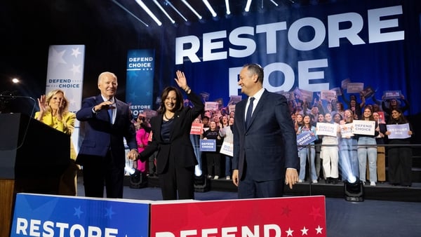 Mr Biden and Ms Harris at a campaign rally to Restore Roe in January (File image)