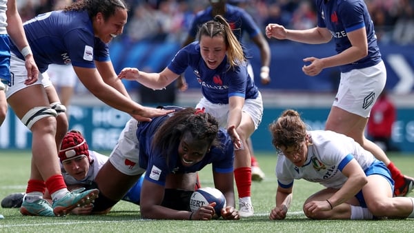 Madoussou Fall crashes over the line for a France try