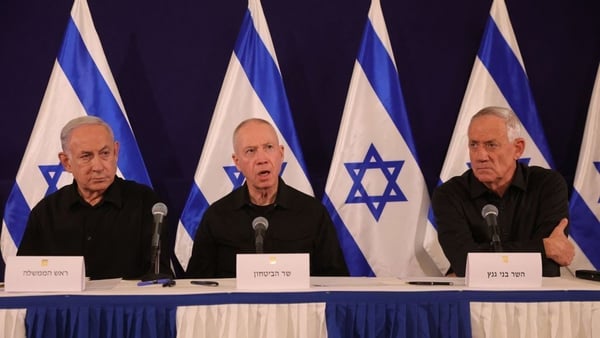 The voting members of Israel's war cabinet, from left, Israeli Prime Minister Benjamin Netanyahu, Minister of Defense Yoav Gallant and Benny Gantz