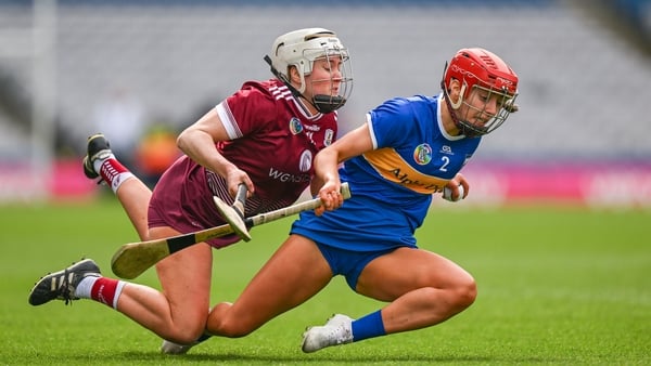 Tipperary's Karin Blair is challenged by Galway's Ailish O'Reilly during Sunday's 1A league final at Croke Park