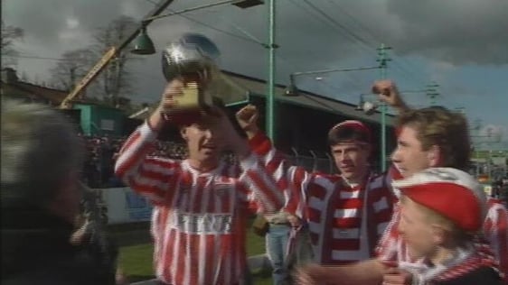 Derry City Football Club win the League of Ireland at the Brandywell Stadium in Derry, 1989.