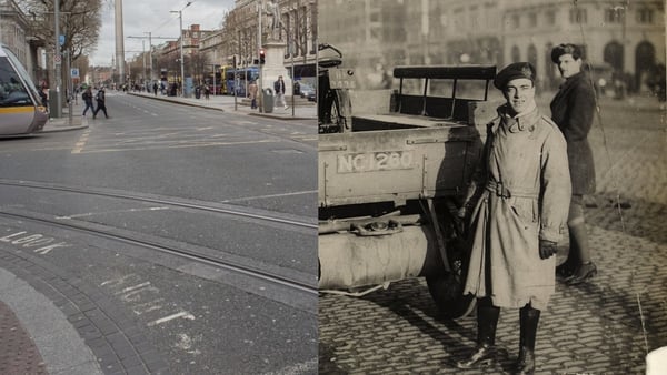 Ireland then and now: Black and Tans pose with a bike