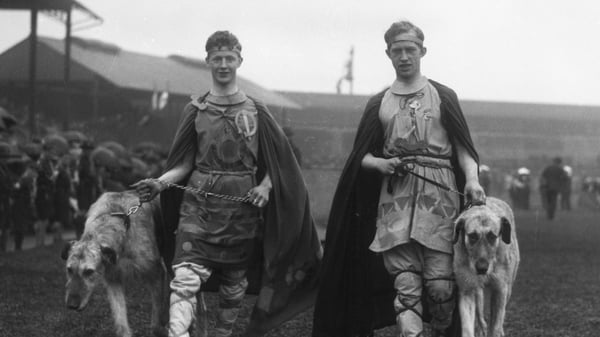 Irish Army officers dressed in mythical outfits and accompanied by wolfhounds at the opening of the Tailteann Games at Croke Park in August 1924. Photo: Independent News And Media/Getty Images
