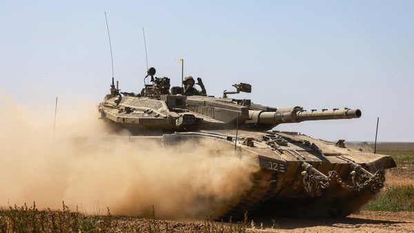 An Israeli Defence Forces tank patrolling the Gaza border in southern Israel
