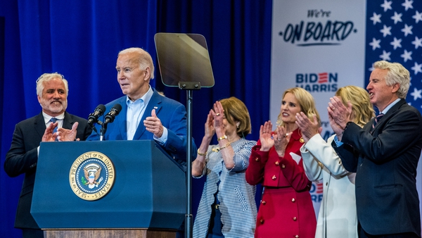 President of the US Joe Biden speaks at a campaign rally as the Kennedy family announces their endorsement of Joe Biden and Kamala Harris