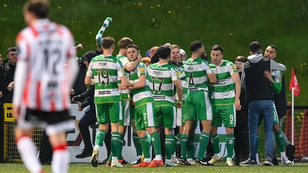 Shamrock Rovers players and fans celebrate the lead goal