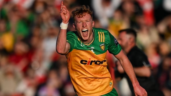 Oisin Gallen celebrates after slotting home Donegal's penalty