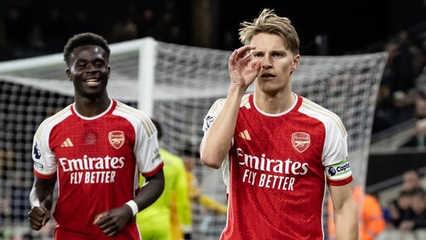 Martin Odegaard celebrates scoring celebrates scoring against Wolves