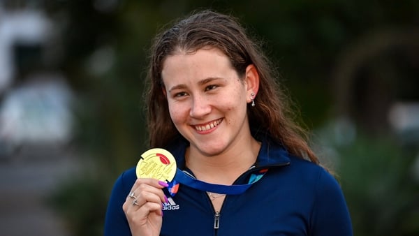 Róisín Ní Ríain of Ireland with her gold medal after winning the Women's 100m Breaststroke SB13 Final