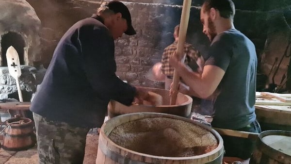 Food historian Mark Meltonville and researcher Dr Charlie Taverner recreating 16th century beer in the FoodCult Brewhouse. Photo: Trinity College Dublin