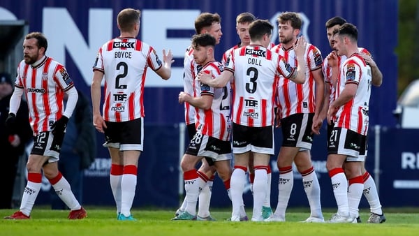 Derry celebrate Will Patching's goal