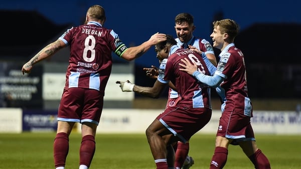 Frantz Pierrot celebrates after his strike haned Drogheda United the lead