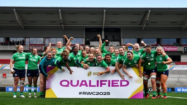 Ireland players celebrate after qualifying for the Women's Rugby World Cup 2025