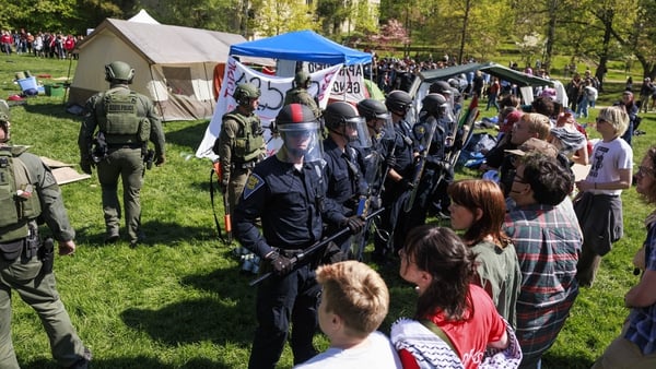 Dozens of people are arrested by the Indiana State Police riot squad during a pro-Palestinian protest on campus