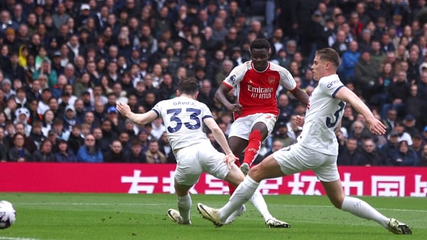 Bukayo Saka scoring Arsenal's second goal