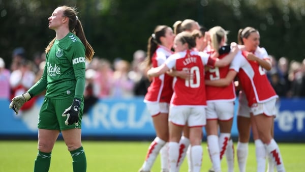 Ireland goalkeeper Courtney Brosnan reacts after Arsenal scored against her Everton side