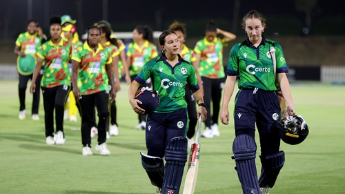 Amy Hunter and Orla Prendergast leave the pitch after the ICC Women's T20 World Cup qualifier win over Vanuatu