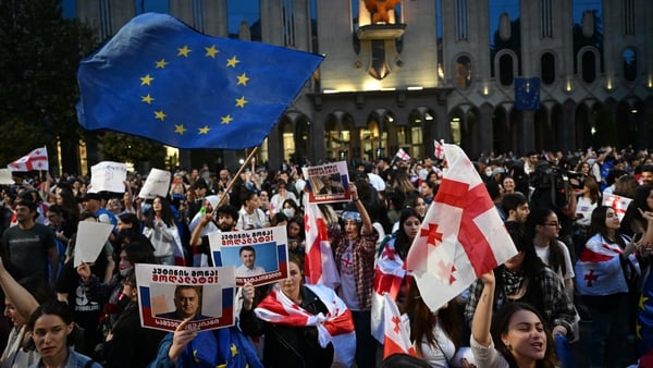 Pro-EU supporters protest outside the Georgian parliament on Thursday against the government's foreign influence bill