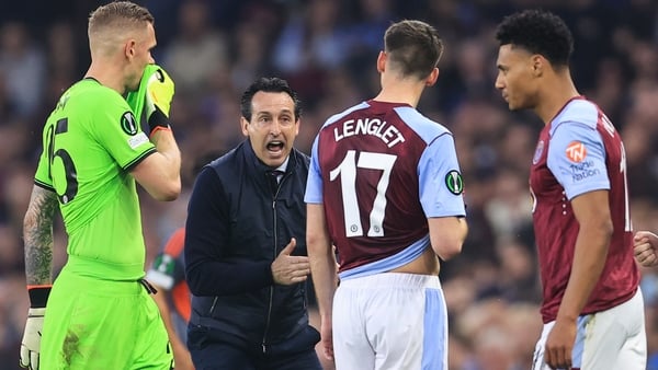 An animated Unai Emery barks instructions at his players at Villa Park