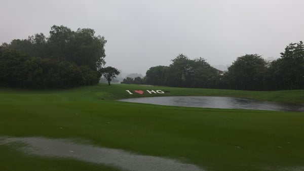 A view of rain falling on the course at Shenzhen Yinxiu Golf Club