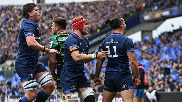 Leinster's players celebrate a James Lowe try
