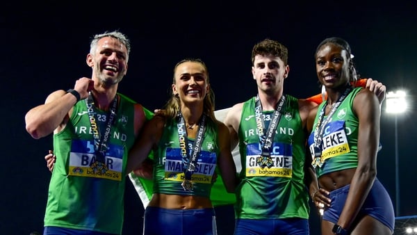The Ireland mixed 4x400m relay team, from left, Thomas Barr, Sharlene Mawdsley, Cillín Greene and Rhasidat Adeleke with their bronze medals