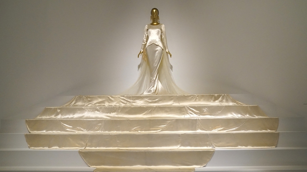 A dress is on display during a press preview of the Met Costume Institute's spring 2024 exhibition "Sleeping Beauties: Reawakening Fashion