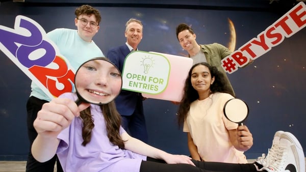 April Giffney, Harry O'Leary and Rosheen Sharma, with Shay Walsh, left, Managing Director of BT Ireland, and physicist and broadcaster Mark Langtry