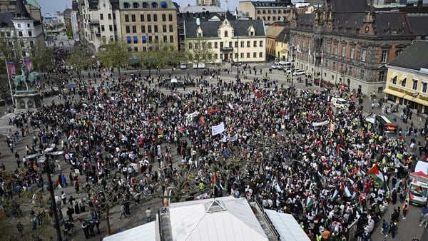 People gather for a rally in Malmo, Sweden, in protest against Israel's participation