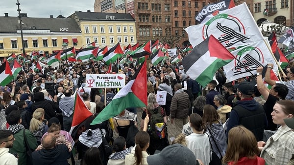 People gather for a rally in Malmo, Sweden, in protest against Israel's participation