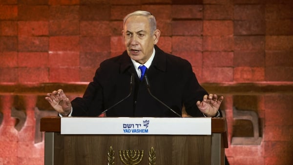 Israel's Prime Minister Benjamin Netanyahu pictured speaking during a Holocaust Remembrance Day ceremony