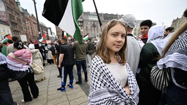 Swedish climate activist Greta Thunberg attends a rally in Malmö, in protest against Israel's participation in the 68th Eurovision Song Contest. Photo by Johan NILSSON / TT NEWS AGENCY / AFP) / Sweden OUT