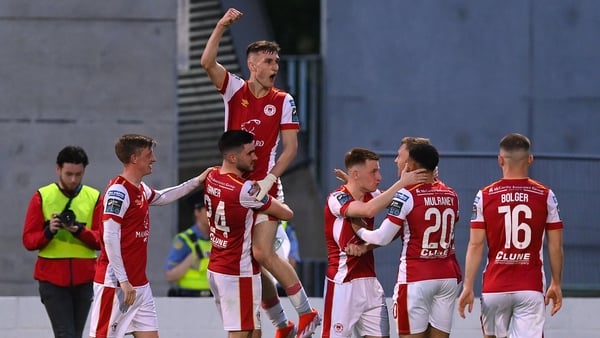 Mason Melia is lifted in celebration by his St Patrick's Athletic team-mates after bagging the equaliser
