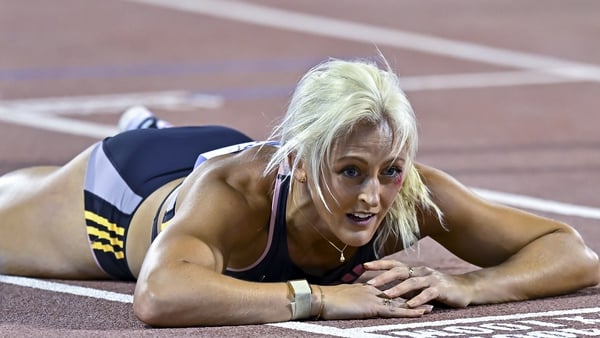 Sarah Lavin just after her tumble in Doha