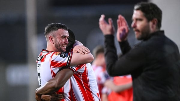 Derry City goalscorer Michael Duffy, left, is congratulated by Sadou Diallo