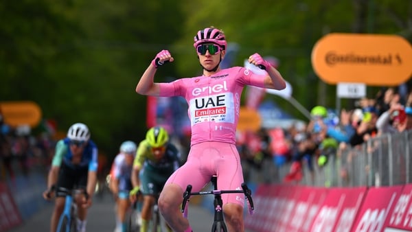 Tadej Pogacar celebrates another stage win in his maiden Giro d'Italia
