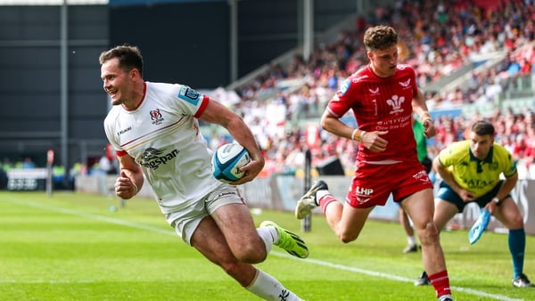 Jacob Stockdale runs over for Ulster's fourth try against Scarlets