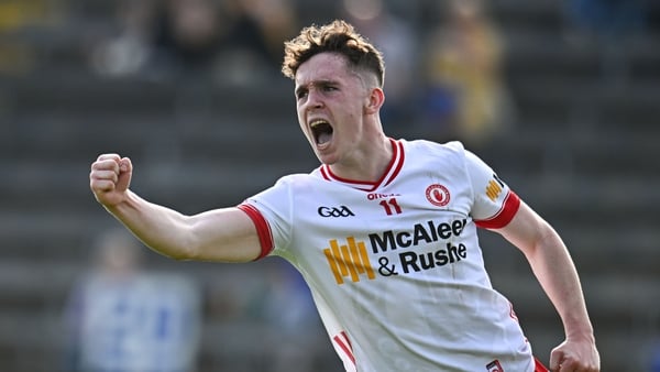 Eoin McElholm of Tyrone celebrates after scoring his side's third goal