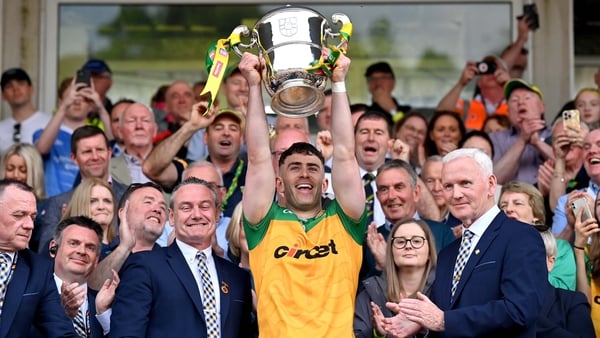 Patrick McBrearty hoists the Anglo-Celt Cup in Clones