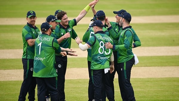 Ireland players celebrate taking the wicket of Pakistan's Saim Ayub during the second match of the men's T20 international series in Clontarf