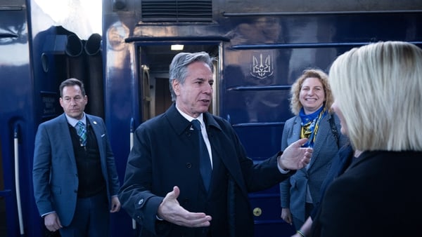 US Secretary of State Antony Blinken is greeted by US Ambassador to Ukraine Bridget A Brink after arriving in Kyiv by train