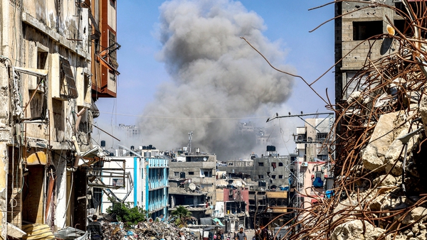 A smoke plume rises during Israeli bombardment in Jabalia in the northern Gaza Strip