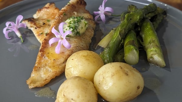 Rachel Allen's pan-fried fish with herb butter, asparagus, new potatoes