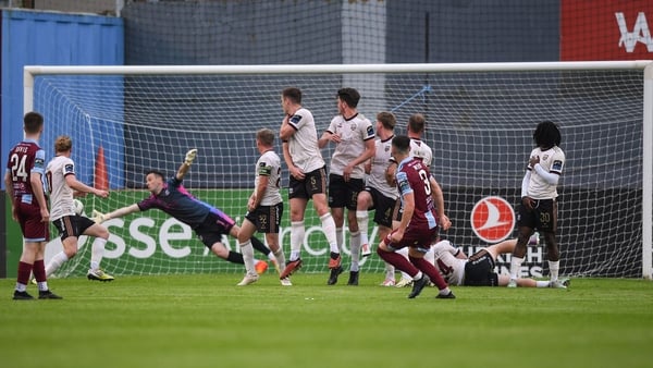 Evan Weir of Drogheda United (3) looks on as the ball goes past Galway United goalkeeper Brendan Clarke