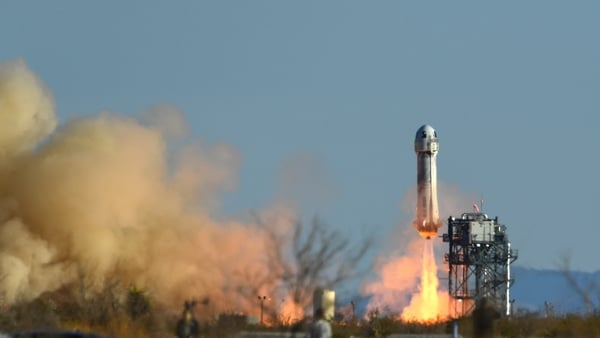 A Blue Origin New Shepard rocket launches from Launch Site One in West Texas north of Van Horn on 31 March 2022